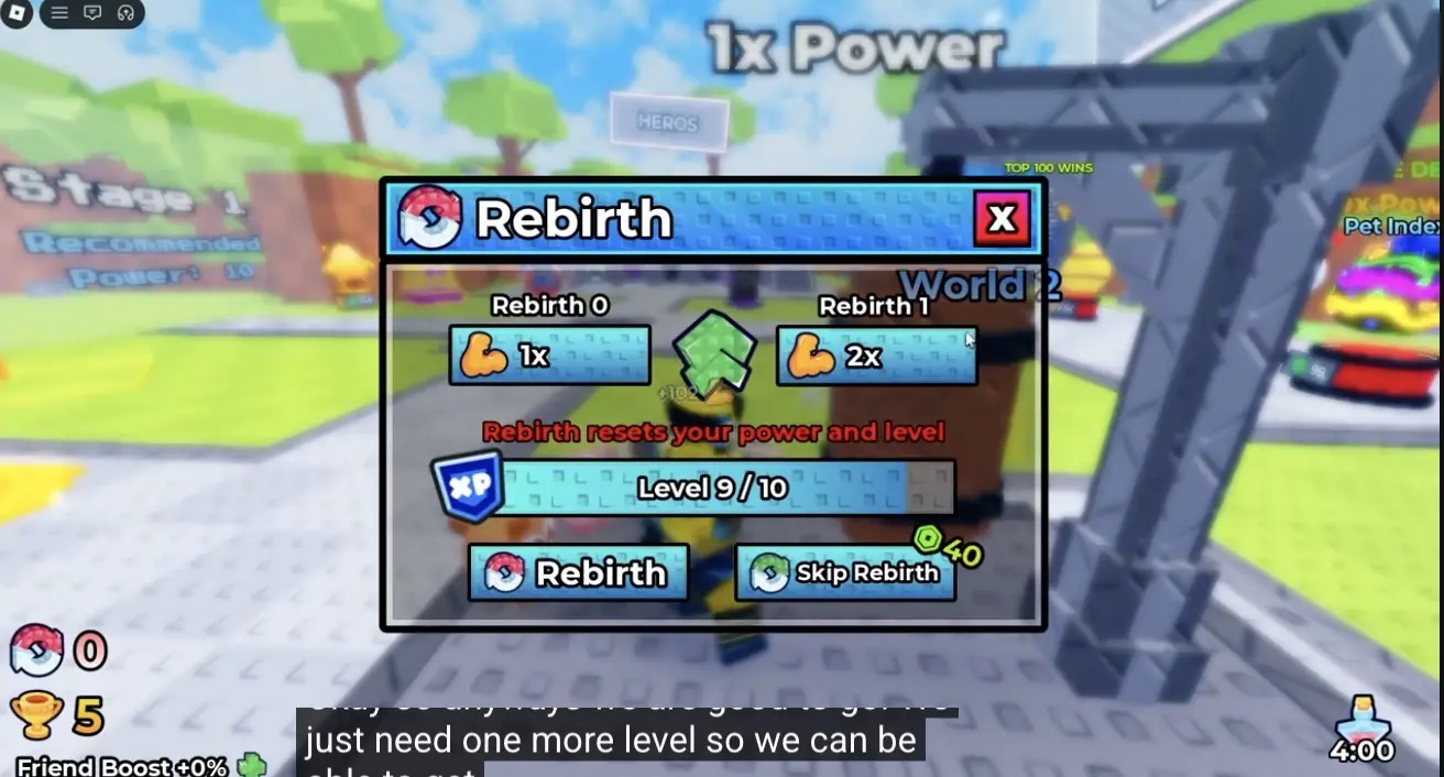 Superhero Evolution Rebirth antarmuka menunjukkan Rebirth 0 sampai 1 pada tingkat 9 dari 10